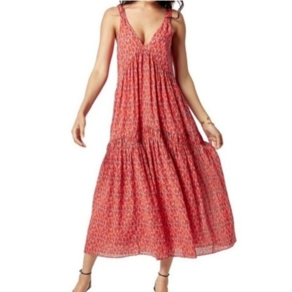 Joie Size M Bondin Sun Dress Printed Tiered Cotton Lined Maxi Pink Red